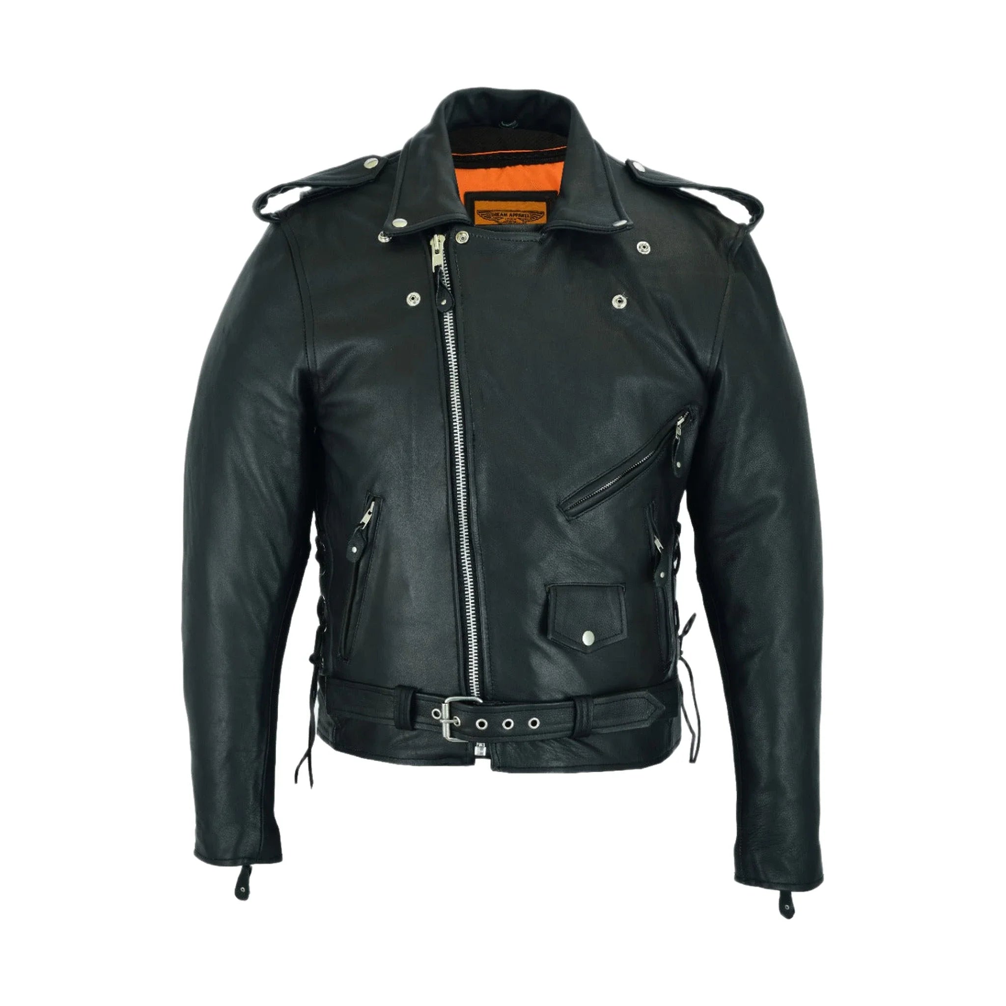 Mens Classic Police Style Motorcycle Leather Jacket Side Laces Silver Hardware