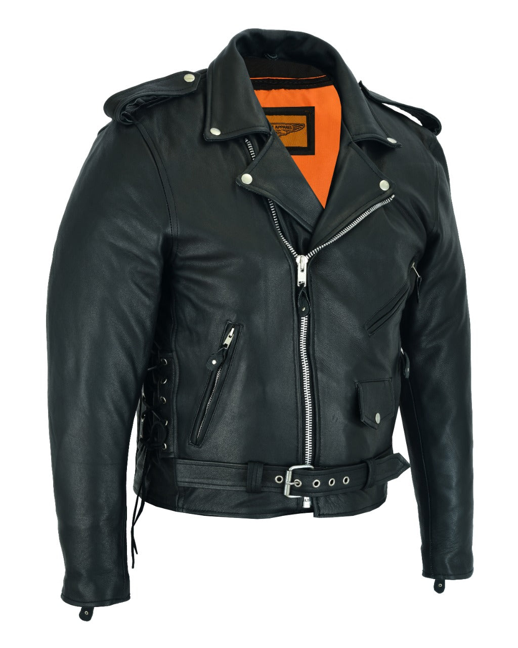 Mens Classic Police Style Motorcycle Jacket Dream Apparel Leather Side Laces Silver Hardware