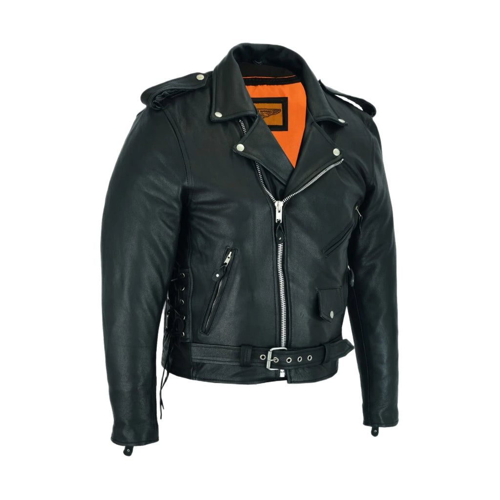 Mens Classic Police Style Motorcycle Jacket Dream Apparel Premium Cowhide Leather Side Laces Zip Out Lining