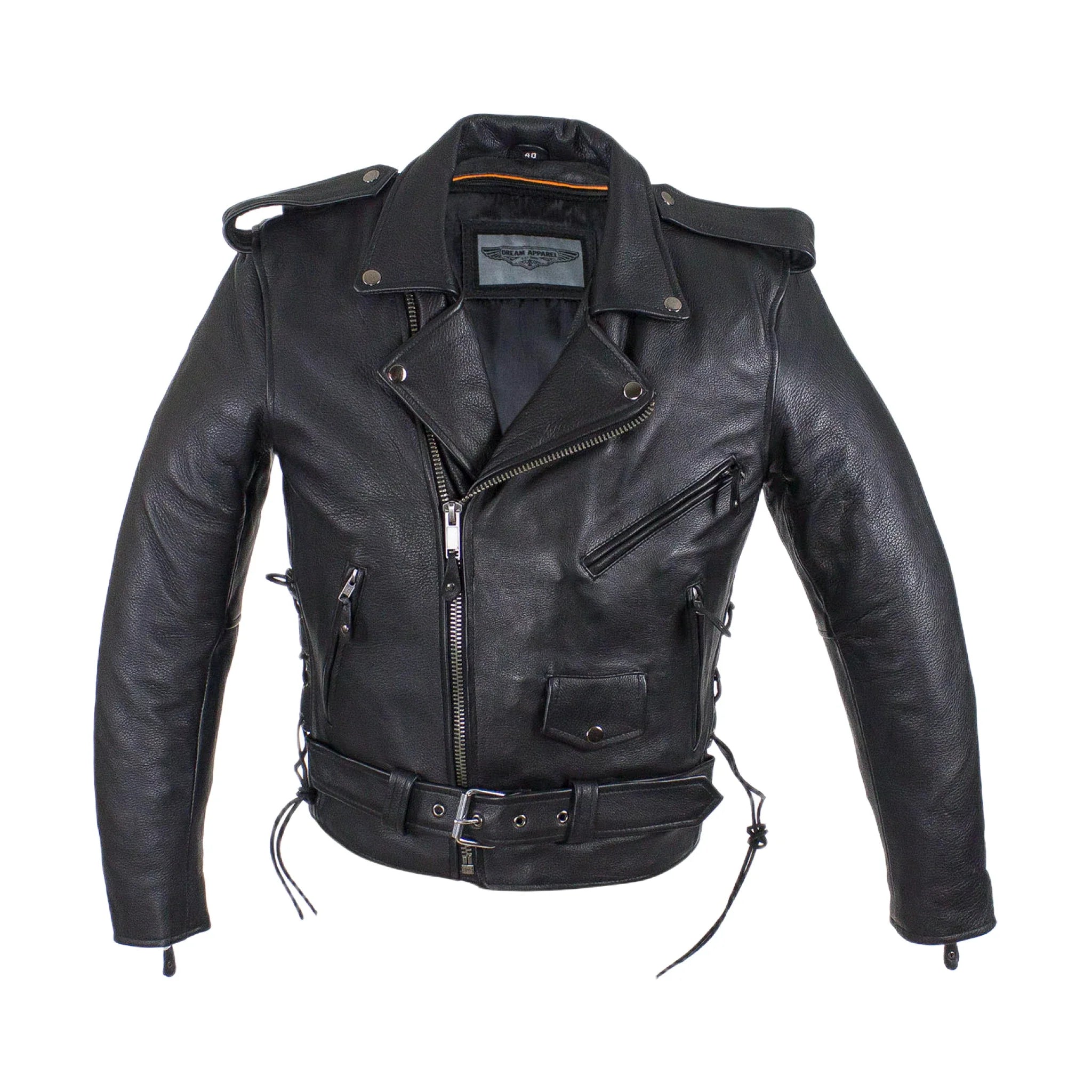 Mens Classic Police Style Motorcycle Jacket Dream Apparel Genuine Leather Zipout
