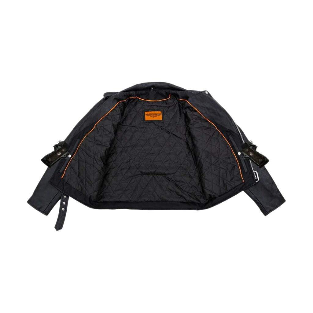 Classic Biker Police Motorcycle Jacket Soft Cowhide Leather Concealed Gun Pockets