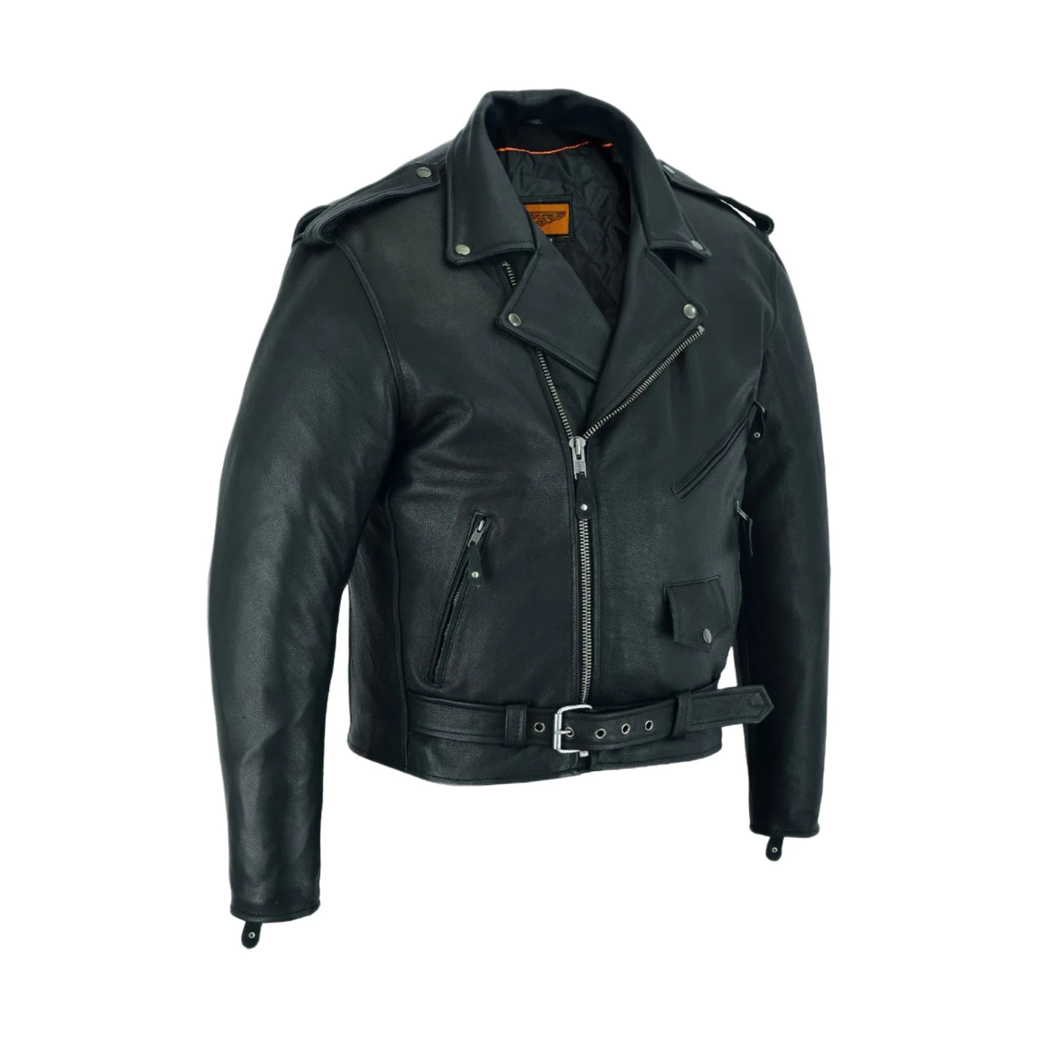 Men's Classic Motorcycle Leather Jacket Quilted Lining Epaulets Belted Front Zip