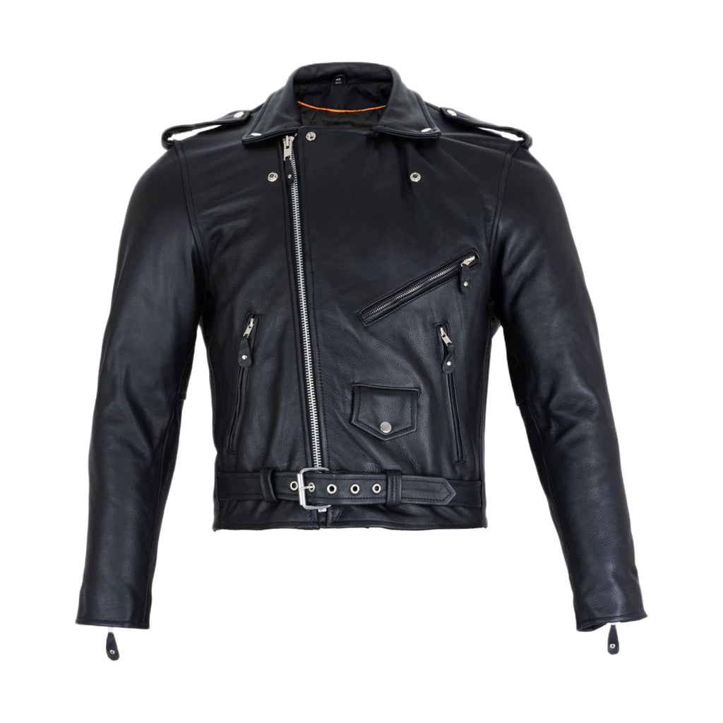 Men's Classic Motorcycle Leather Jacket Quilted Lining Epaulets Belted Front Zip