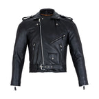 Men's Classic Motorcycle Leather Jacket Quilted Lining Epaulets Belted Front Zip