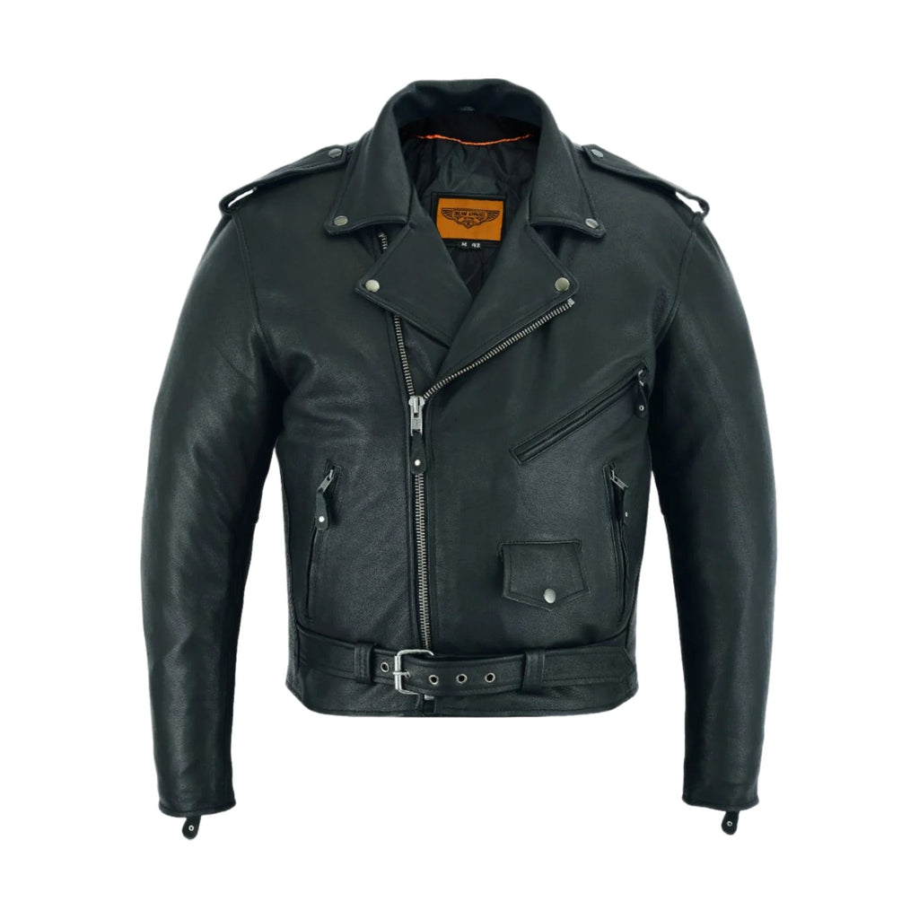 Men's Classic Motorcycle Leather Jacket Quilted Lining Epaulets Belted Front Zip