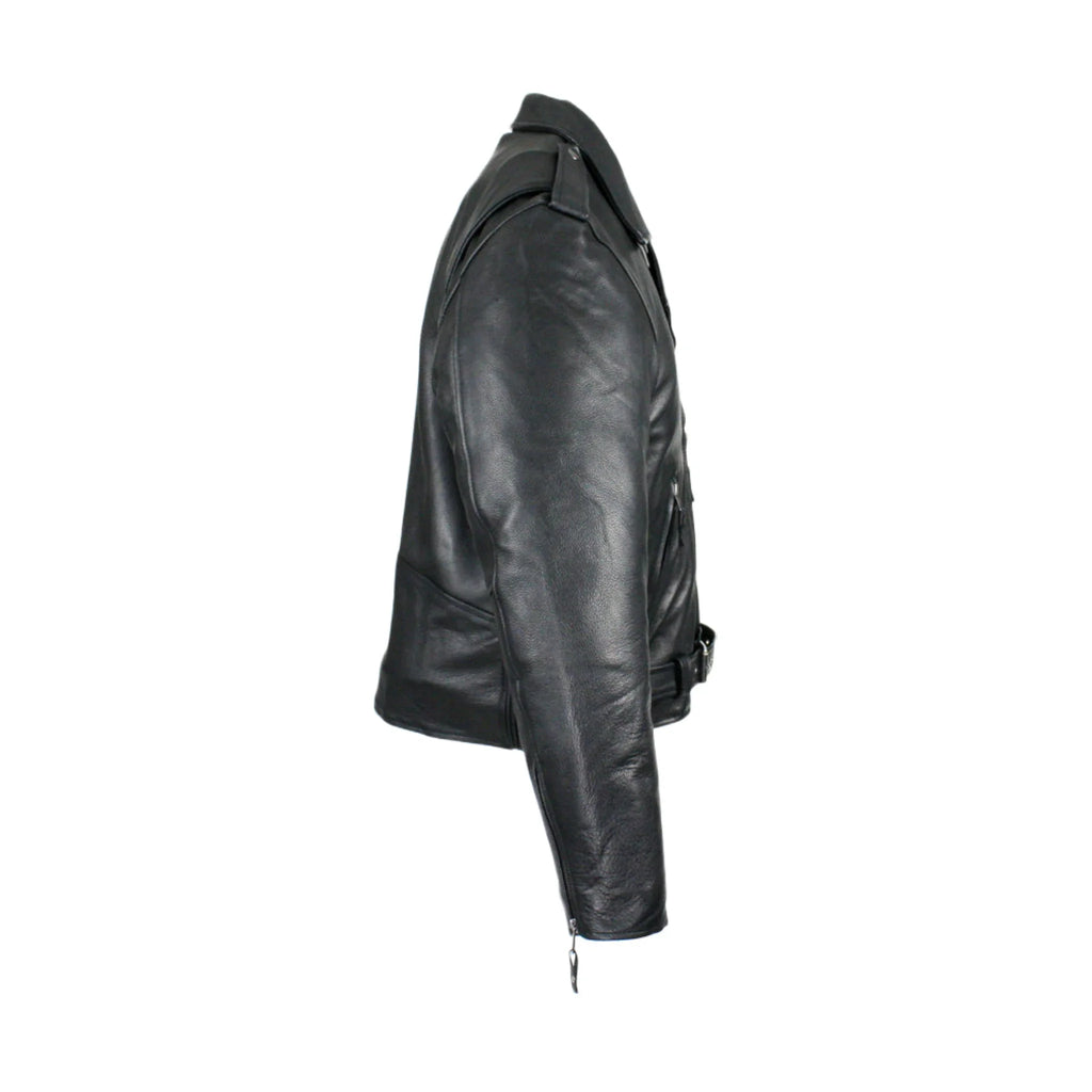 Mens Naked Cowhide Leather Motorcycle Jacket With Snap Collar Belt Black