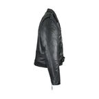 Mens Naked Cowhide Leather Motorcycle Jacket With Snap Collar Belt Black