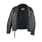 Mens Naked Cowhide Leather Motorcycle Jacket With Snap Collar Belt Black