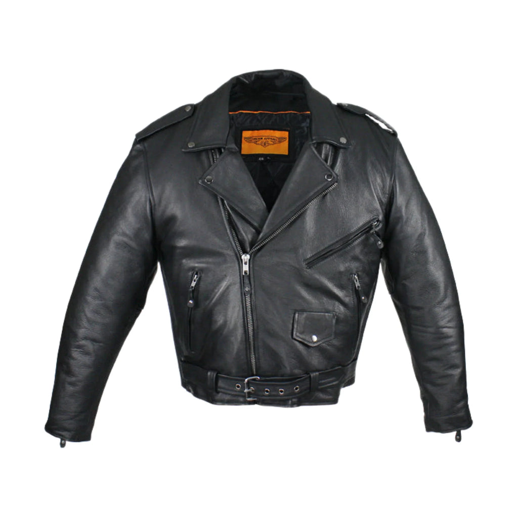 Mens Naked Cowhide Leather Motorcycle Jacket With Snap Collar Belt Black