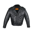 Mens Naked Cowhide Leather Motorcycle Jacket With Snap Collar Belt Black