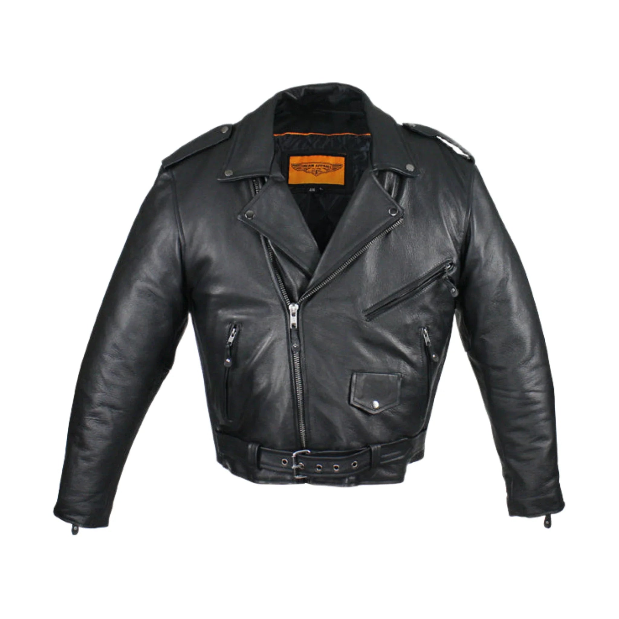 Mens Naked Cowhide Leather Motorcycle Jacket With Snap Collar Belt Black
