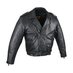 Mens Naked Cowhide Leather Motorcycle Jacket With Snap Collar Belt Black