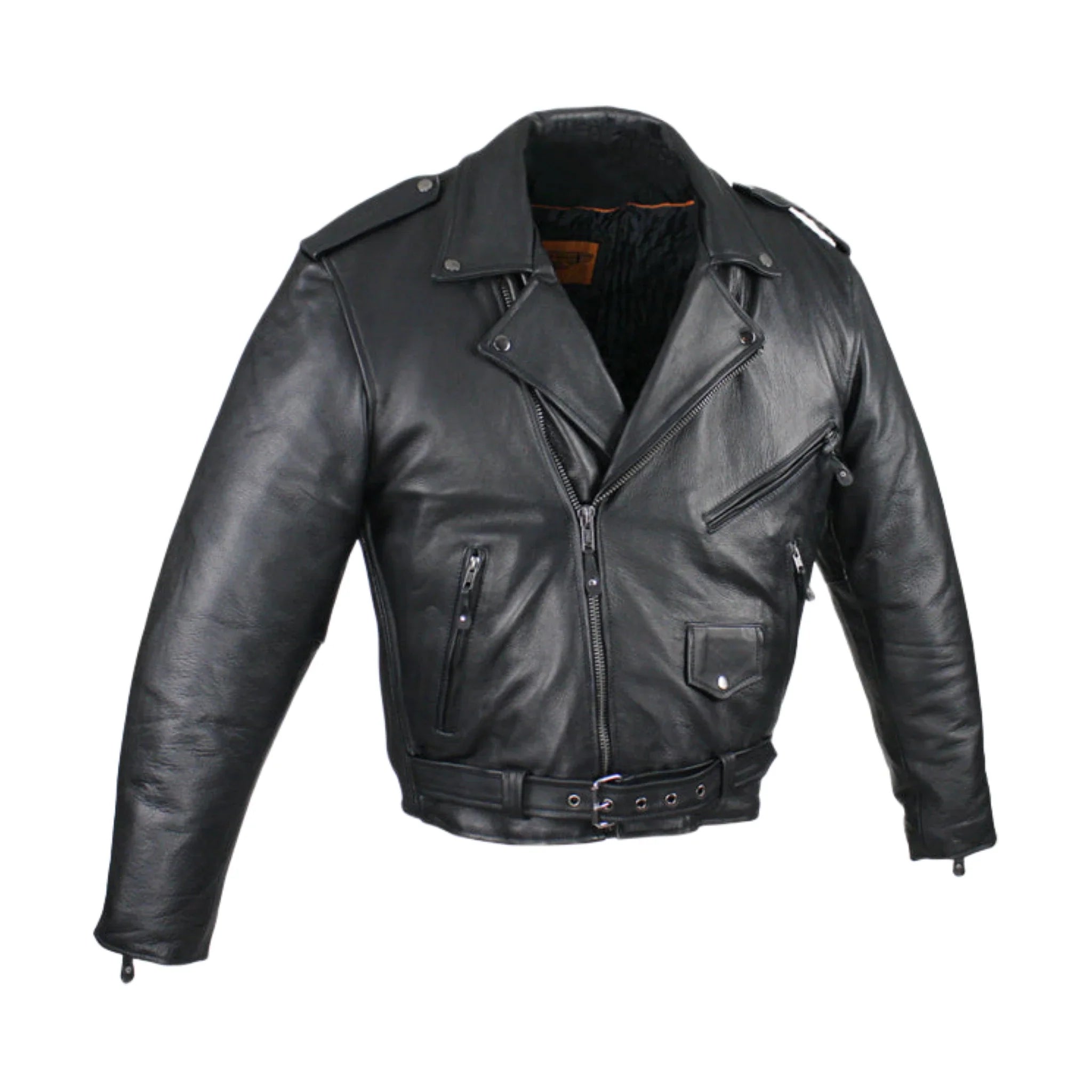 Mens Naked Cowhide Leather Motorcycle Jacket With Snap Collar Belt Black