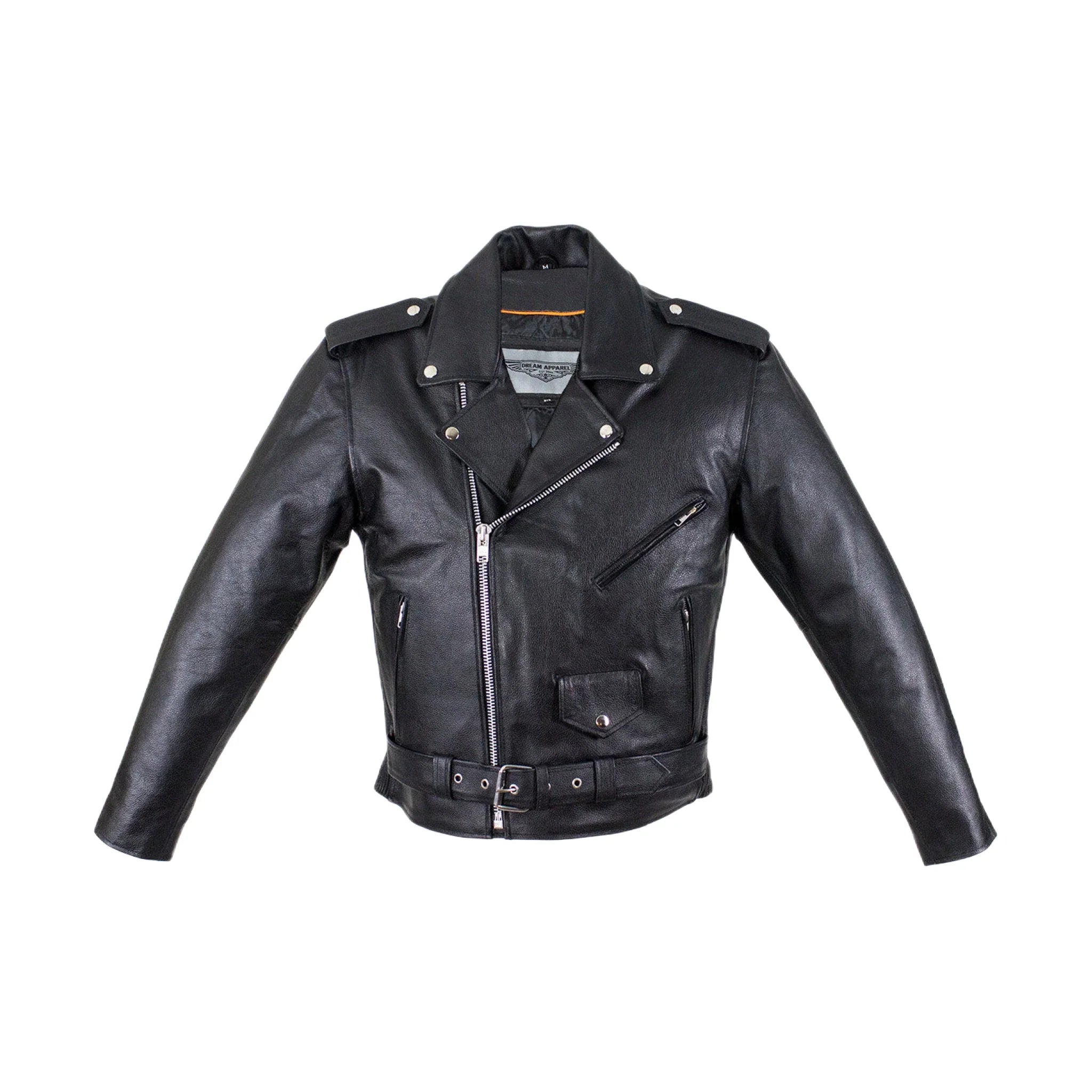 Mens Motorcycle Jacket Dream Apparel Leather Snap Collar Belt Quilted Lining