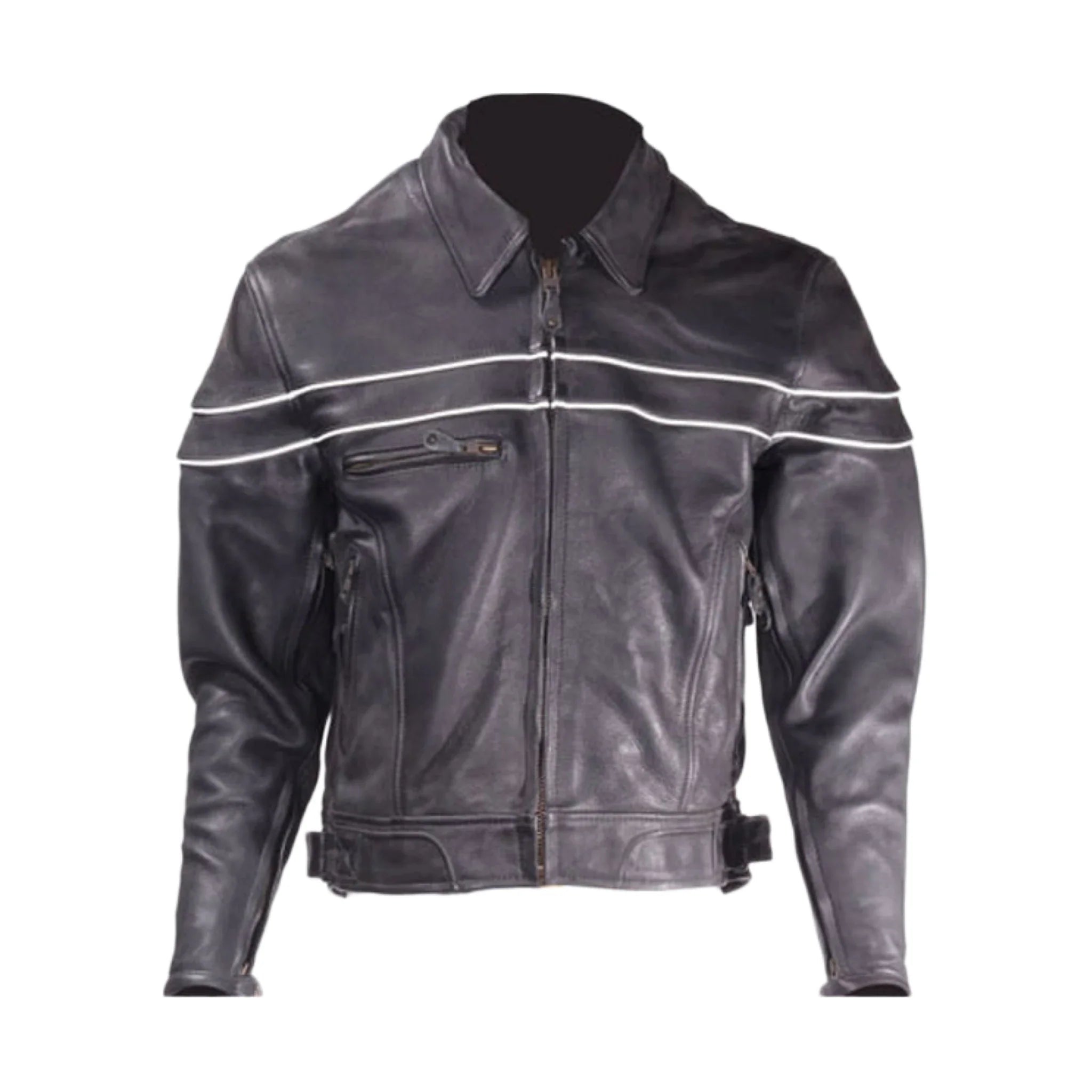 Mens Leather Racer Motorcycle Jacket Dream Apparels Reflective Piping Cowhide