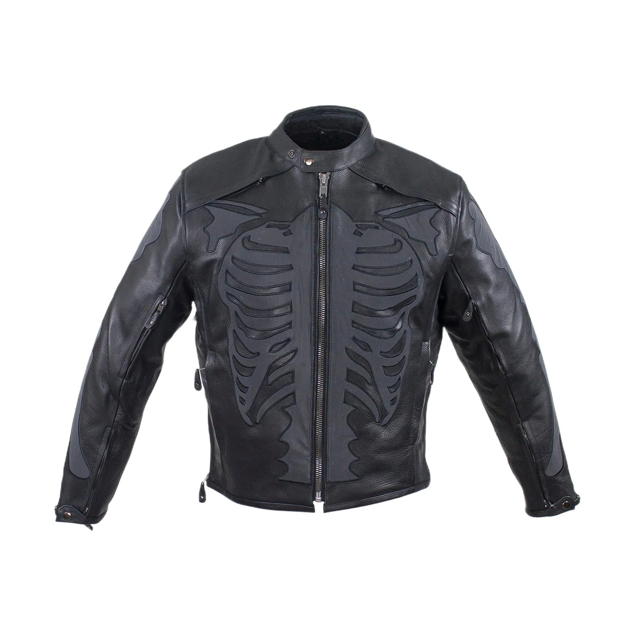 Mens Reflective Skeleton Motorcycle Jacket Soft Cowhide Leather Zip Out Lining