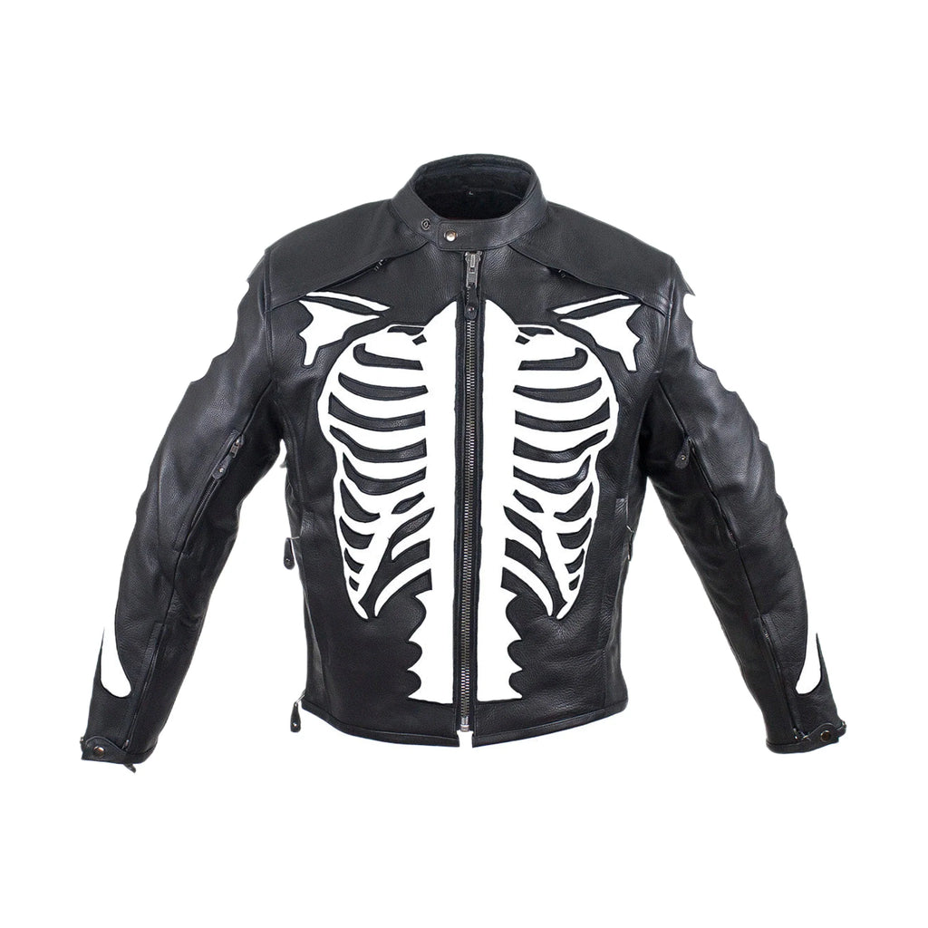 Mens Reflective Skeleton Motorcycle Jacket Soft Cowhide Leather Zip Out Lining