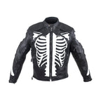 Mens Reflective Skeleton Motorcycle Jacket Soft Cowhide Leather Zip Out Lining