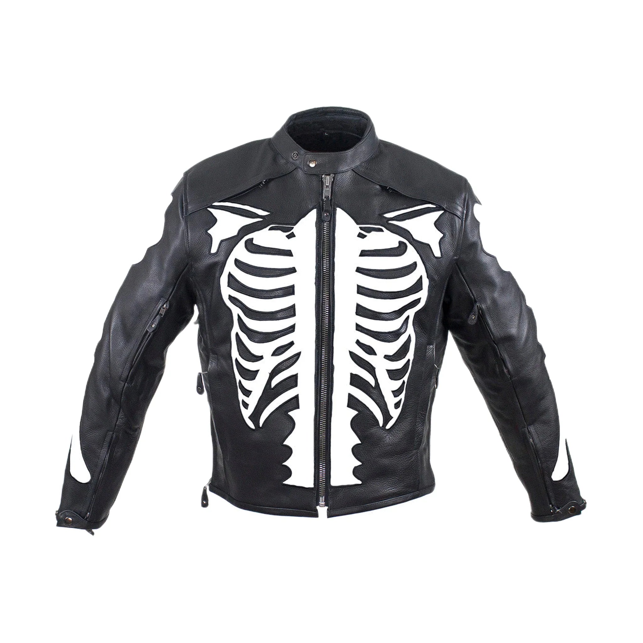 Mens Reflective Skeleton Motorcycle Jacket Soft Cowhide Leather Zip Out Lining