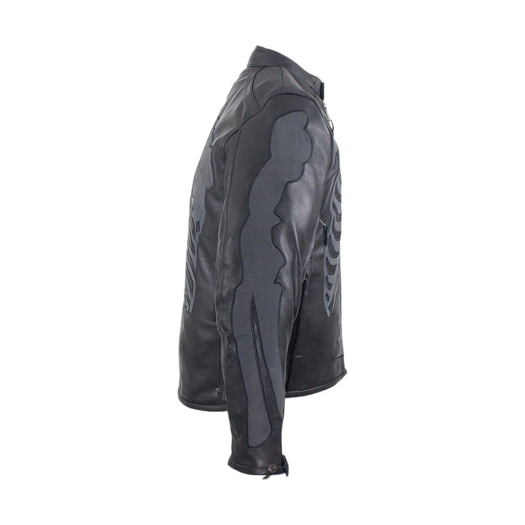 Mens Reflective Skeleton Motorcycle Jacket Soft Cowhide Leather Zip Out Lining