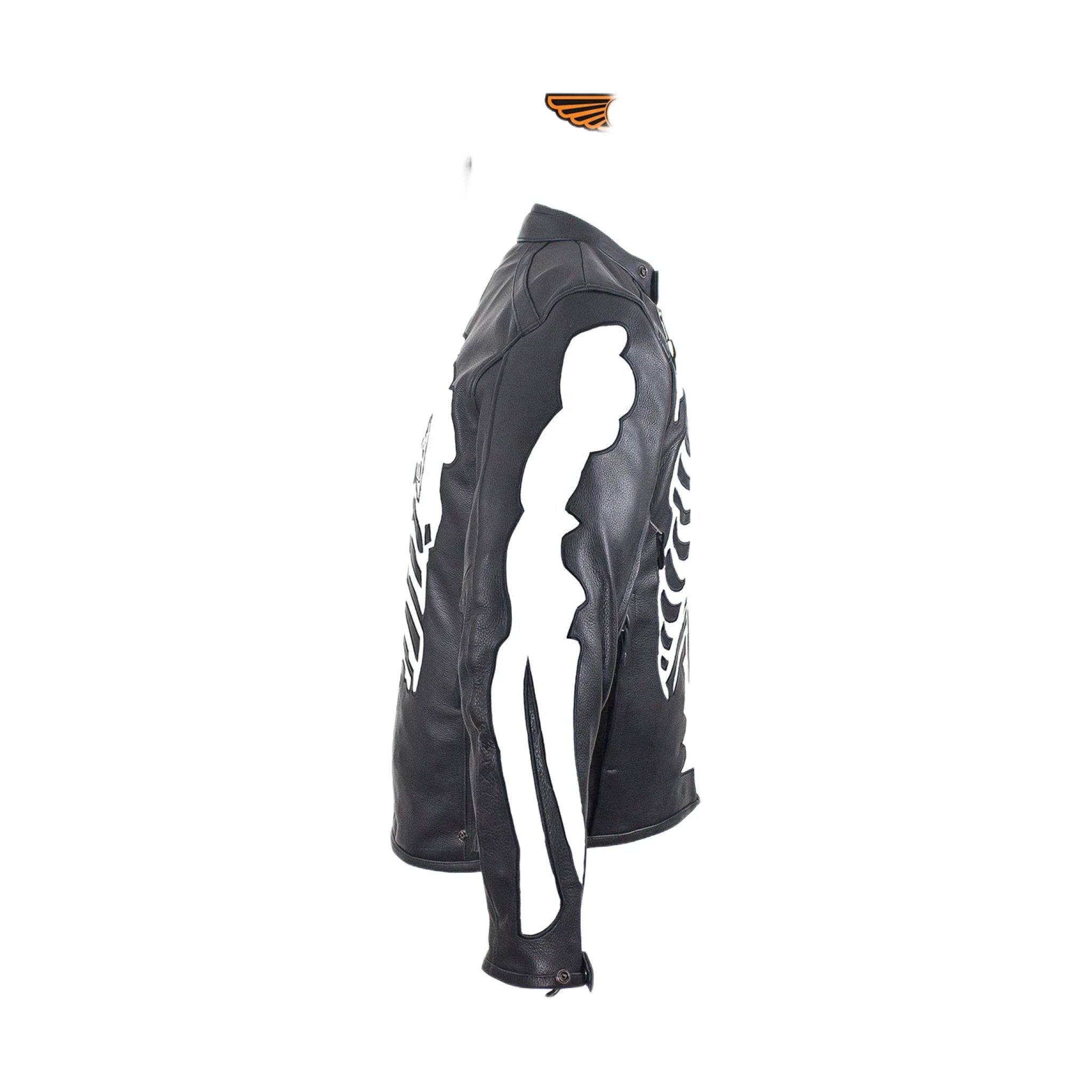 Mens Reflective Skeleton Motorcycle Jacket Soft Cowhide Leather Zip Out Lining