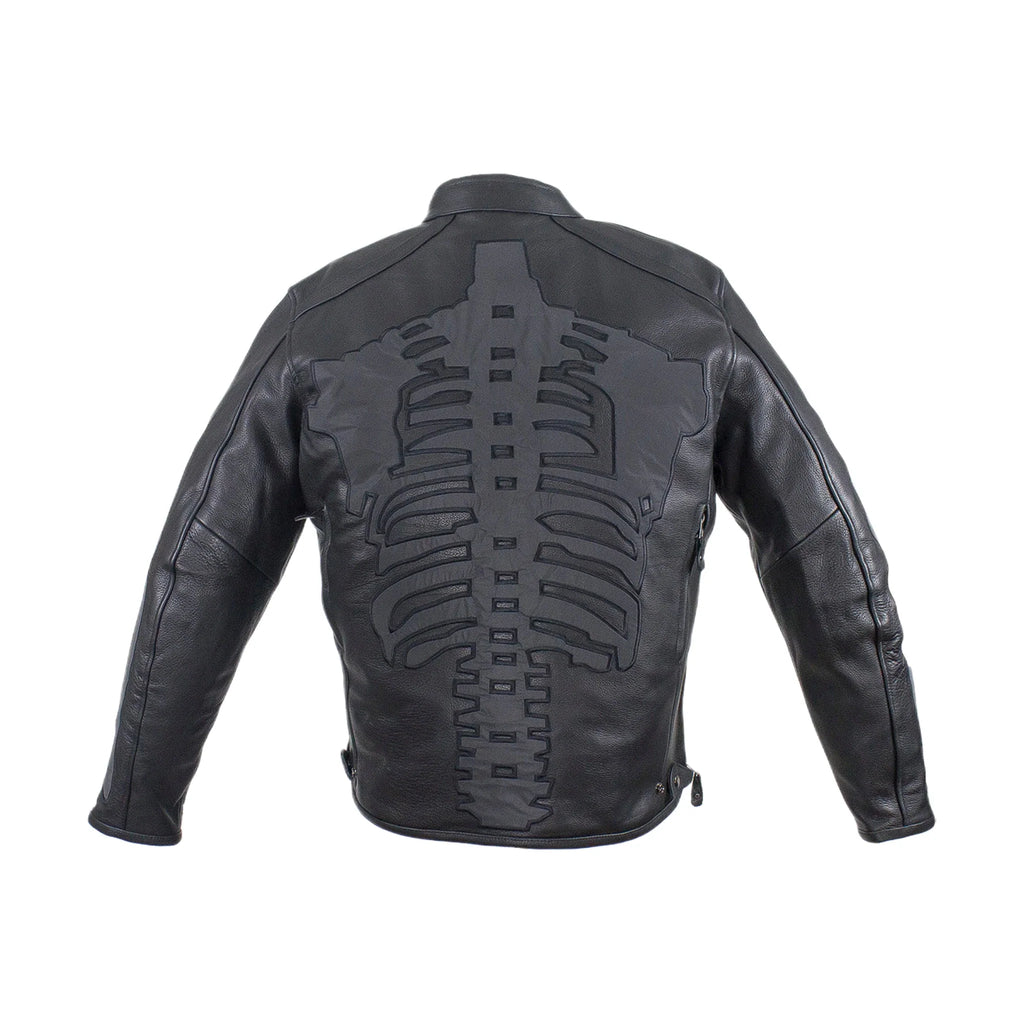 Mens Reflective Skeleton Motorcycle Jacket Soft Cowhide Leather Zip Out Lining