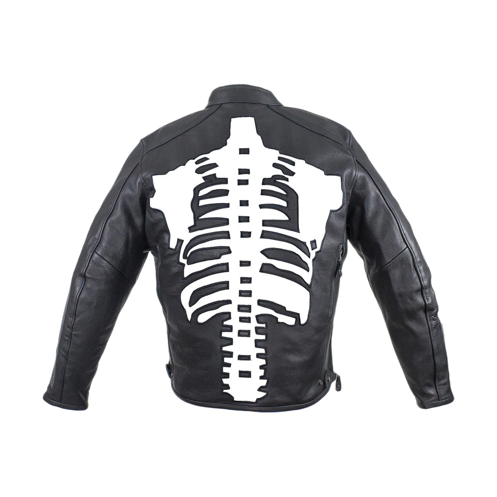 Mens Reflective Skeleton Motorcycle Jacket Soft Cowhide Leather Zip Out Lining