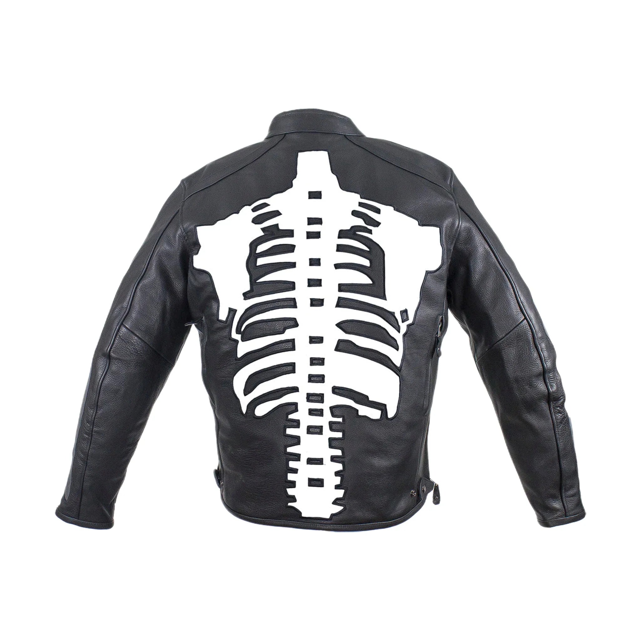 Mens Reflective Skeleton Motorcycle Jacket Soft Cowhide Leather Zip Out Lining