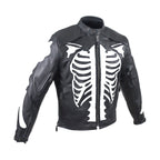 Mens Reflective Skeleton Motorcycle Jacket Soft Cowhide Leather Zip Out Lining