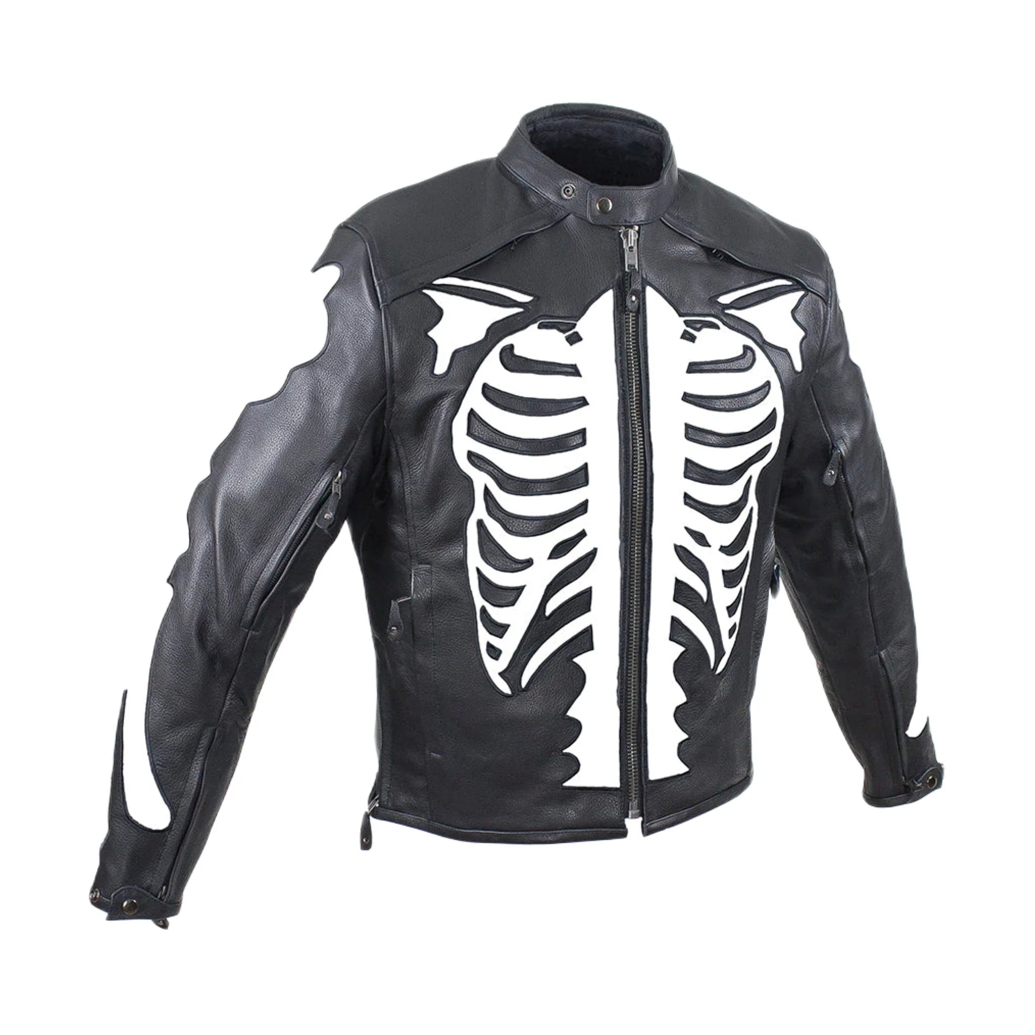 Mens Reflective Skeleton Motorcycle Jacket Soft Cowhide Leather Zip Out Lining