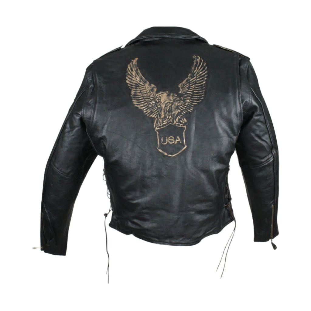 Mens Retro Black Motorcycle Jacket Dream Apparel Cowhide Leather Raised Eagle