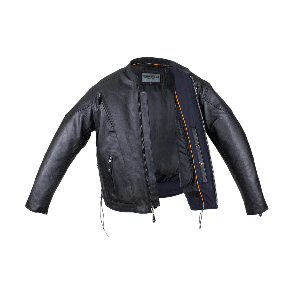 Mens Vented Racer Leather Jacket Side Laces Gun Pockets Zip Out Lining