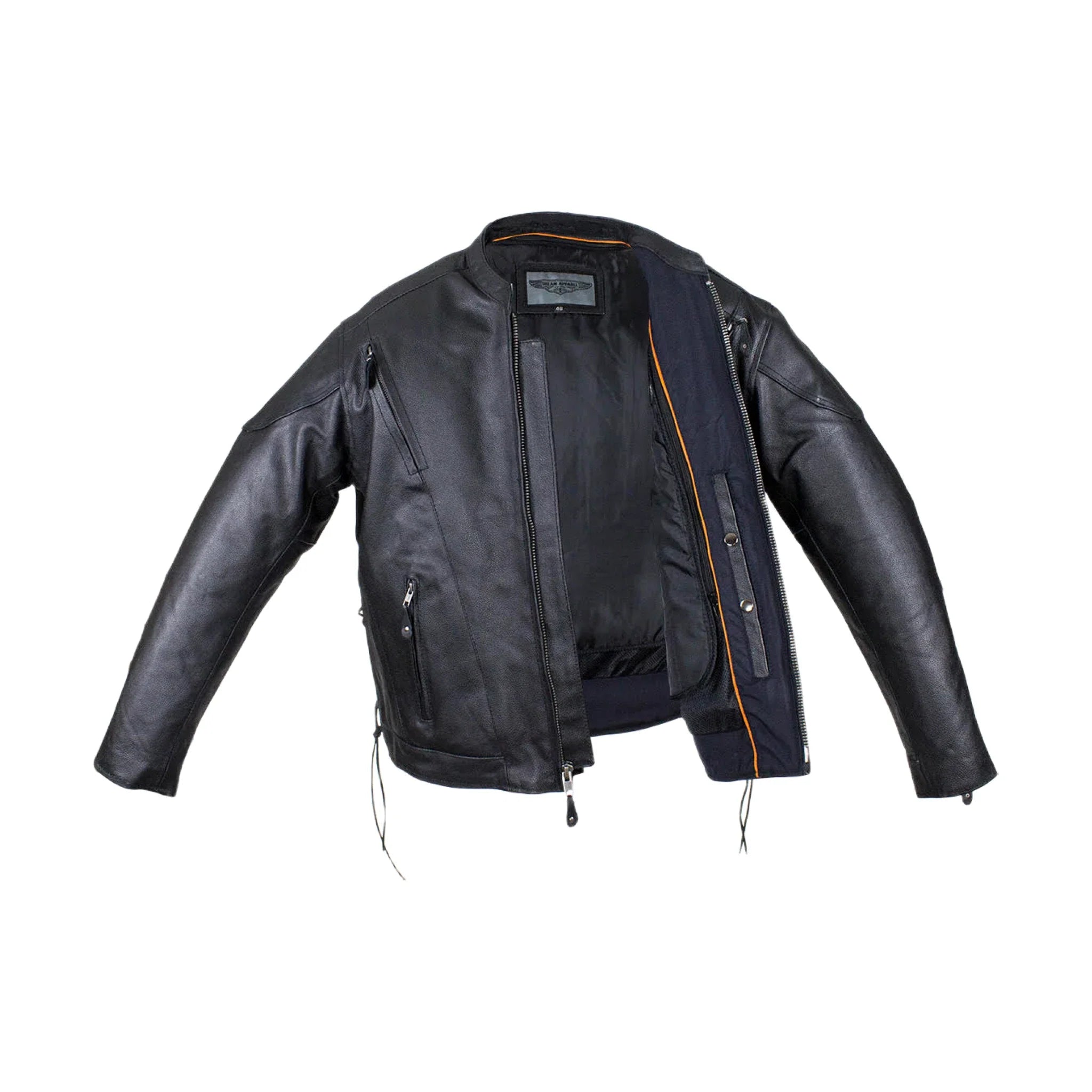 Mens Vented Racer Leather Jacket Side Laces Gun Pockets Zip Out Lining