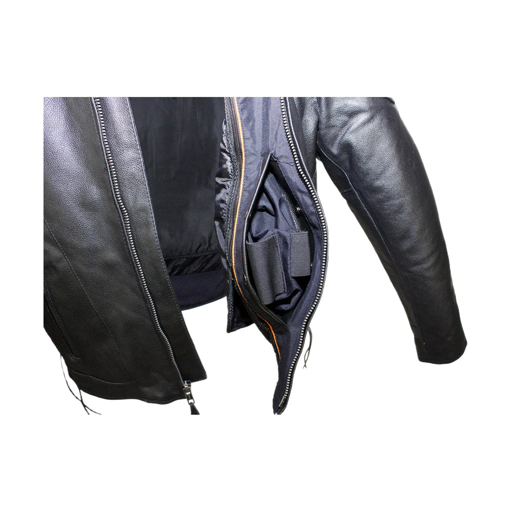 Mens Vented Racer Leather Jacket Side Laces Gun Pockets Zip Out Lining