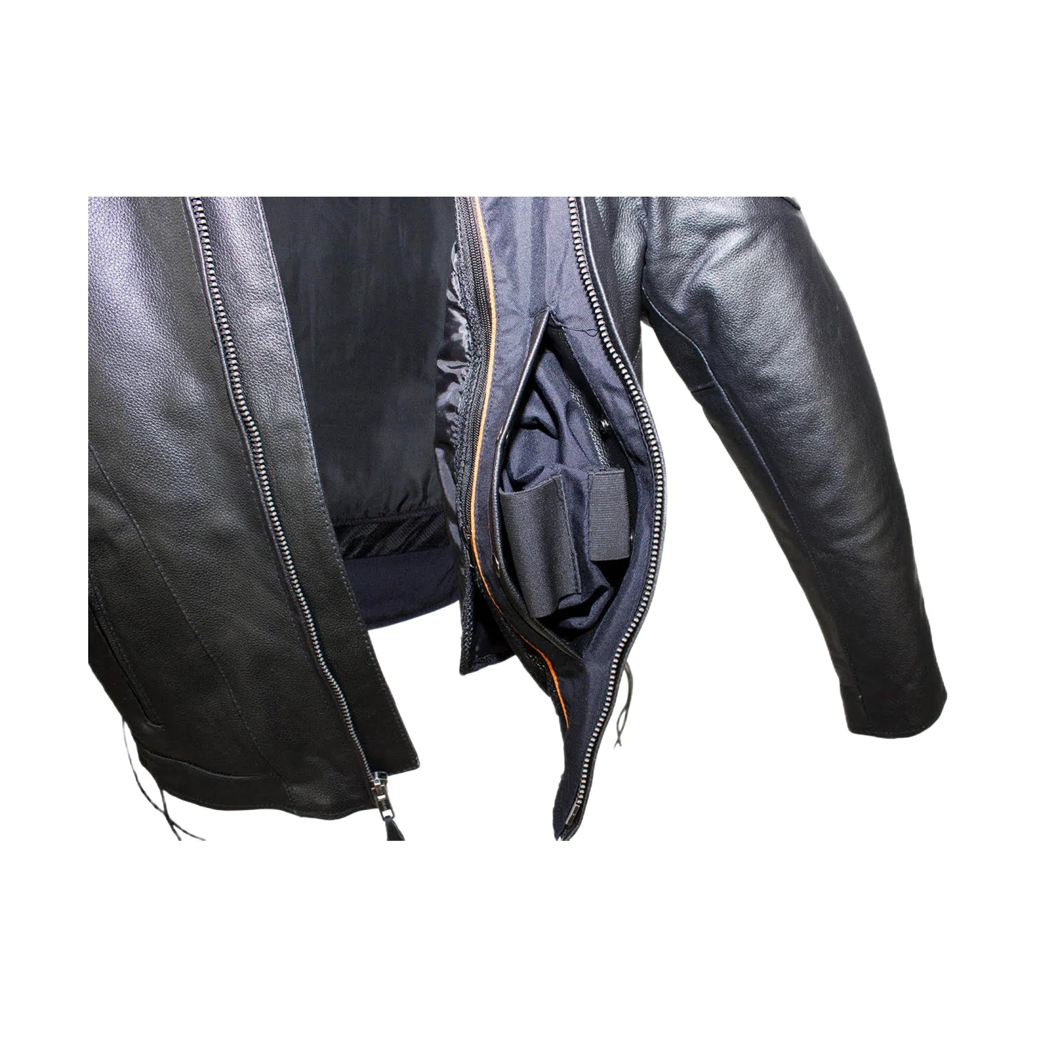 Mens Vented Racer Leather Jacket Side Laces Gun Pockets Zip Out Lining