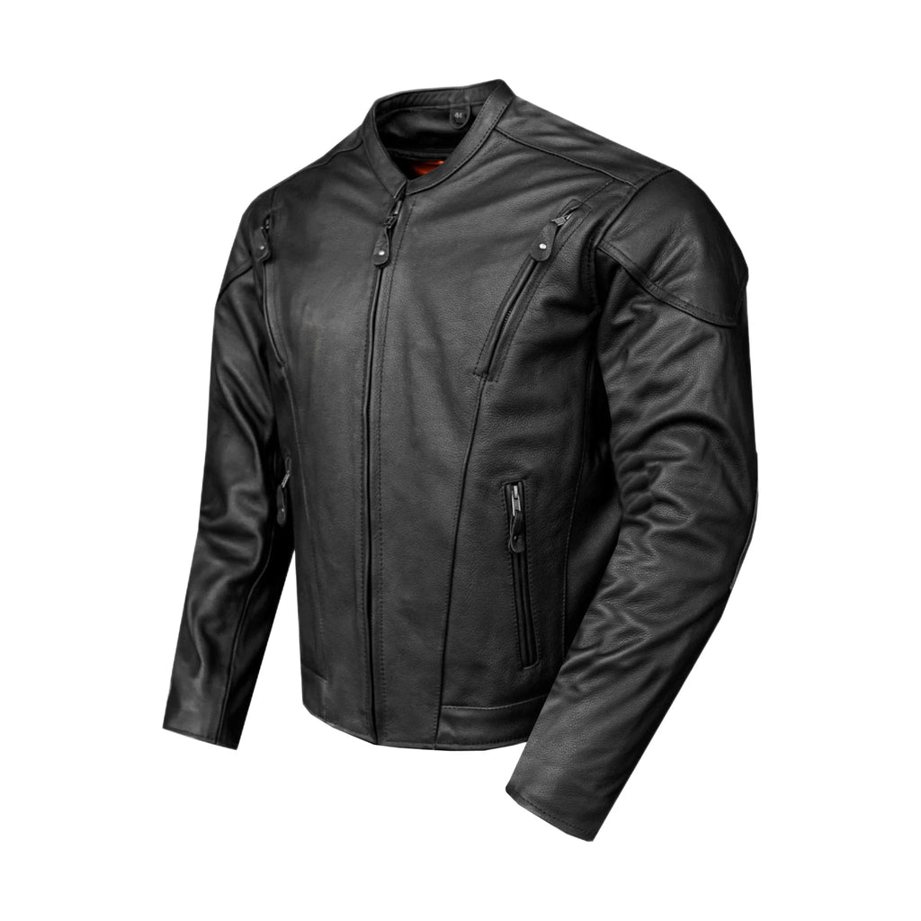 Mens Vented Racer Leather Jacket Side Laces Gun Pockets Zip Out Lining