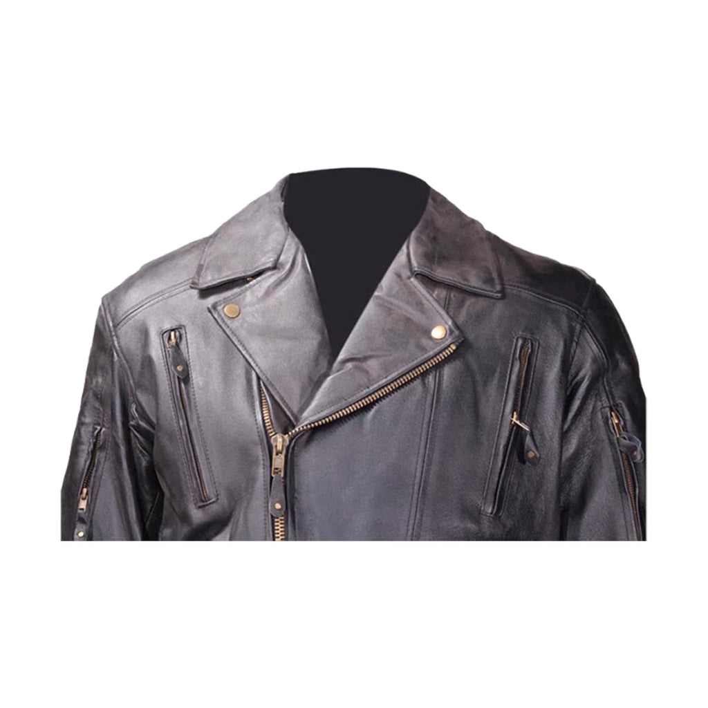Men's Leather Motorcycle Jacket Cowhide Brass Zippers Quilted Lining