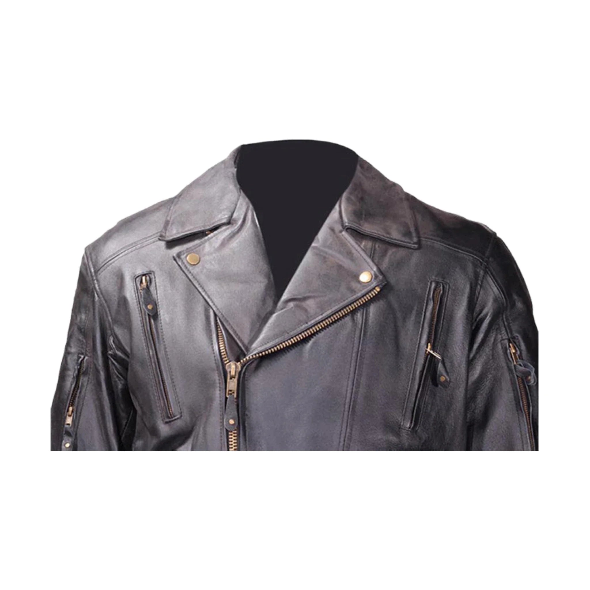 Men's Leather Motorcycle Jacket Cowhide Brass Zippers Quilted Lining