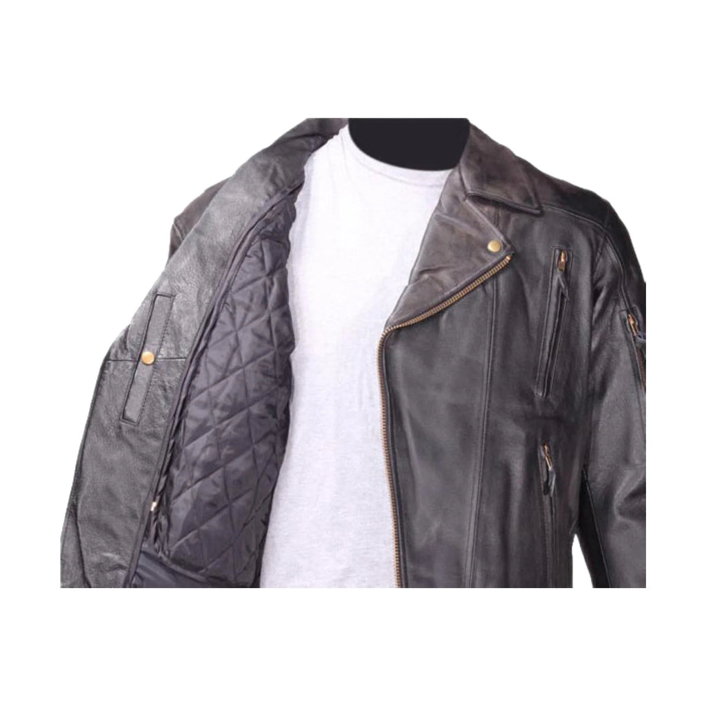 Men's Leather Motorcycle Jacket Cowhide Brass Zippers Quilted Lining
