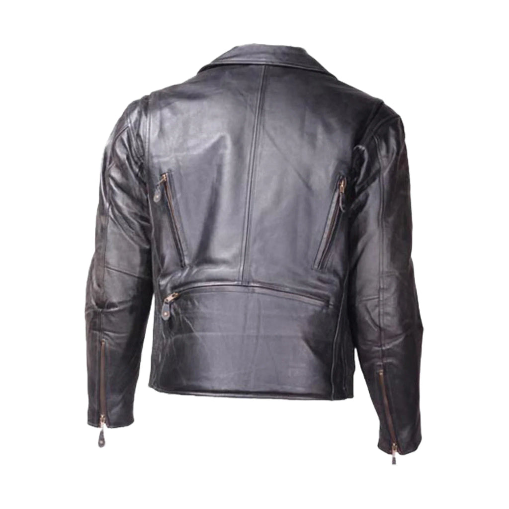 Men's Leather Motorcycle Jacket Cowhide Brass Zippers Quilted Lining