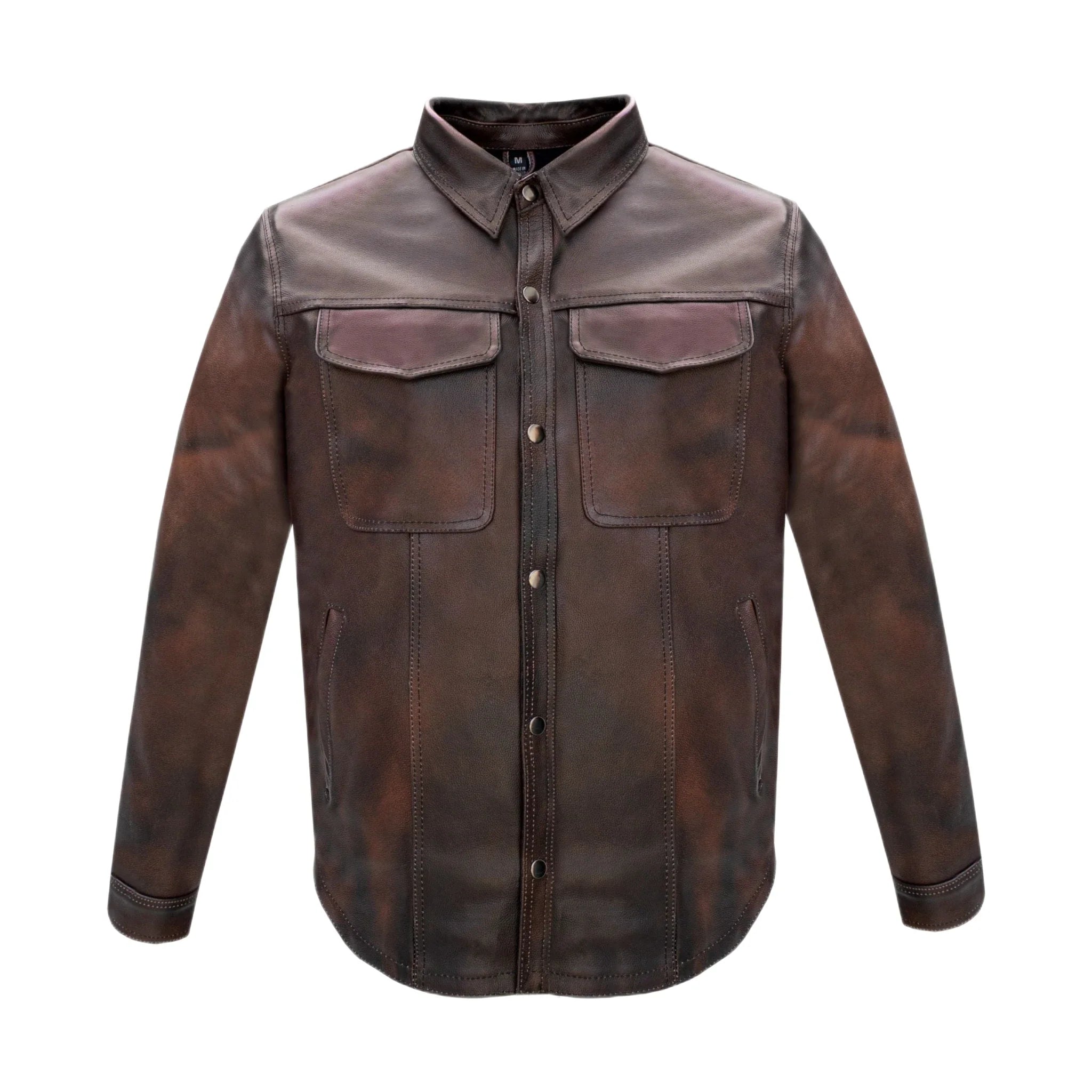 Mens Distressed Brown Soft Touch Leather Motorcycle Shirt Concealed Gun Pockets