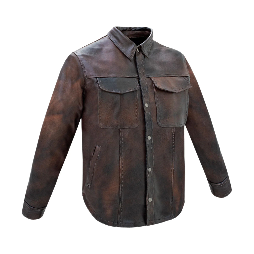 Mens Distressed Brown Soft Touch Leather Motorcycle Shirt Dream Apparel Concealed Carry