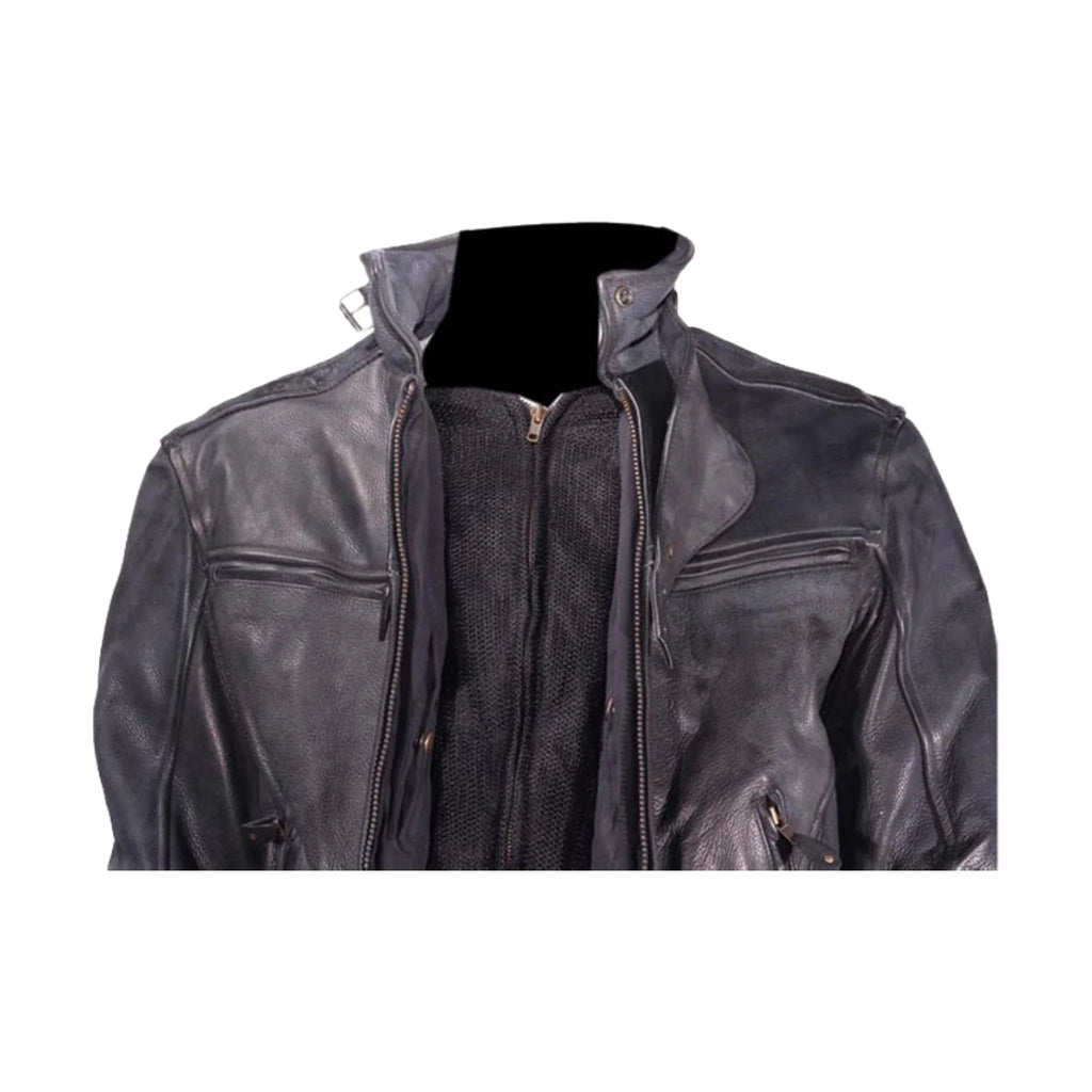 Mens Naked Cowhide Racer Style Leather Jacket with Air Vents Zip Out Lining
