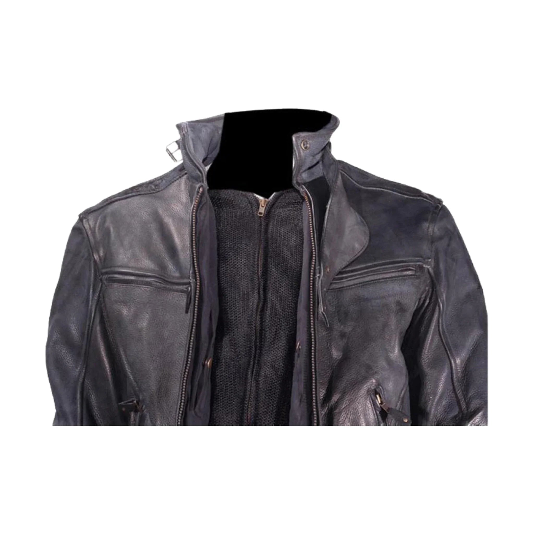 Mens Naked Cowhide Racer Style Leather Jacket with Air Vents Zip Out Lining