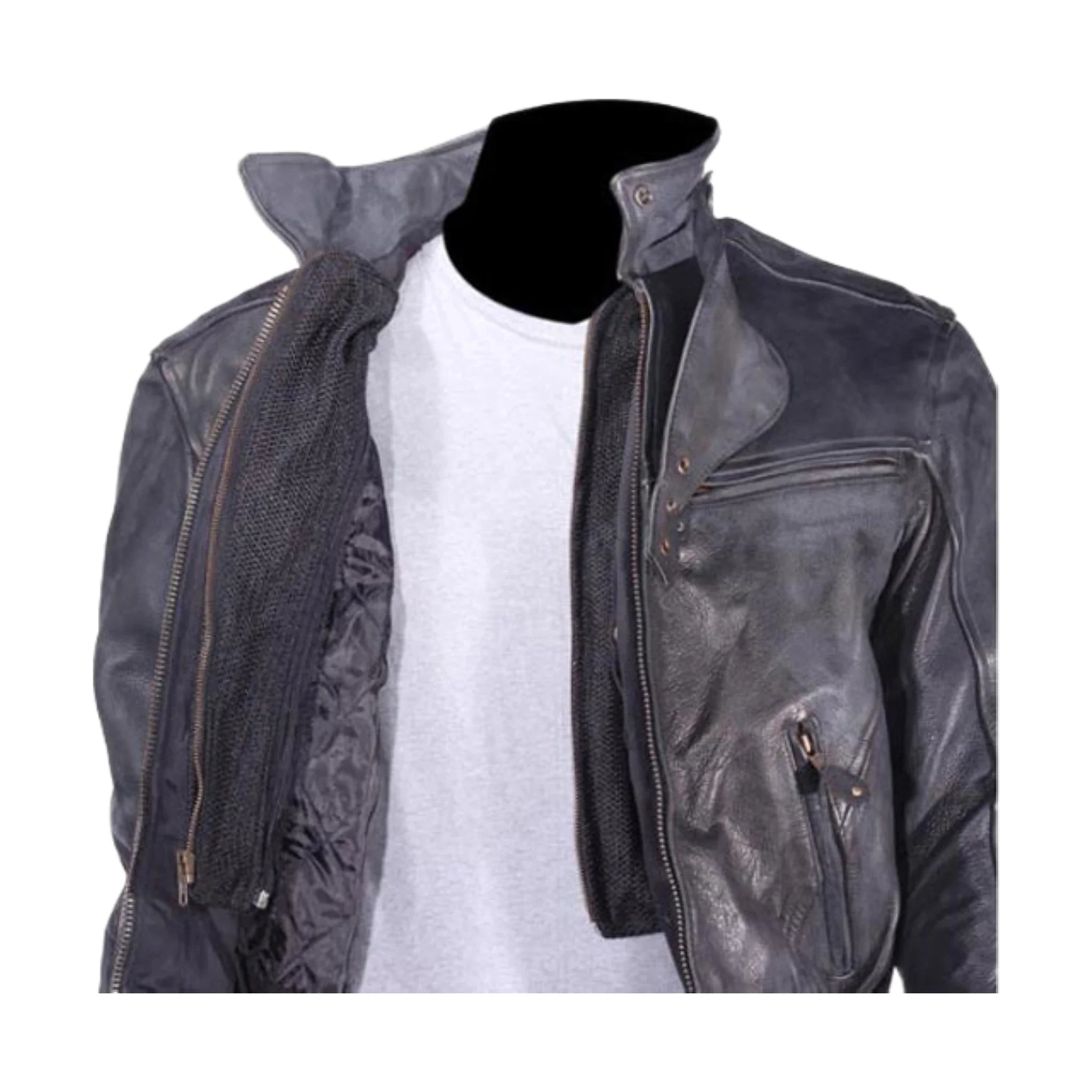 Mens Naked Cowhide Racer Style Leather Jacket with Air Vents Zip Out Lining
