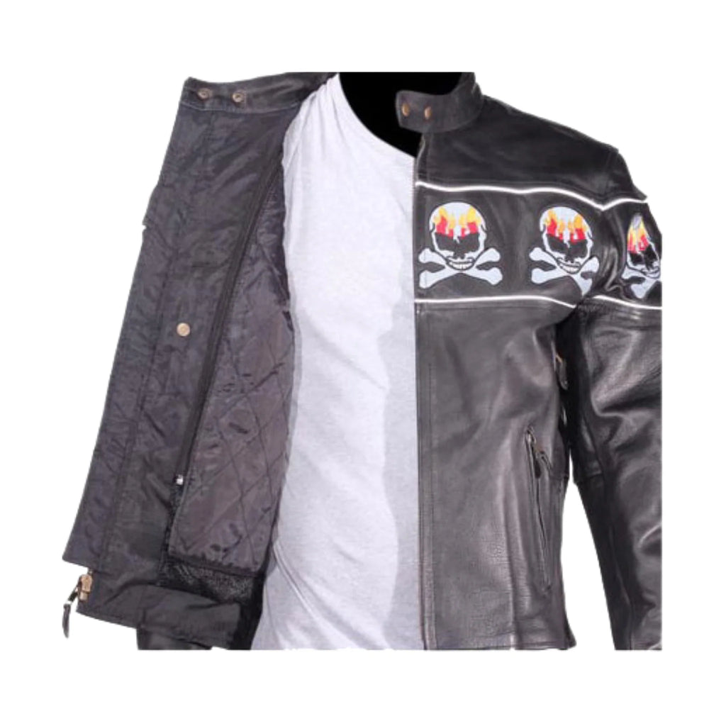 Mens Motorcycle Leather Jacket With Skulls Reflective Stripes Zipout Lining