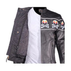 Mens Motorcycle Leather Jacket With Skulls Reflective Stripes Zipout Lining