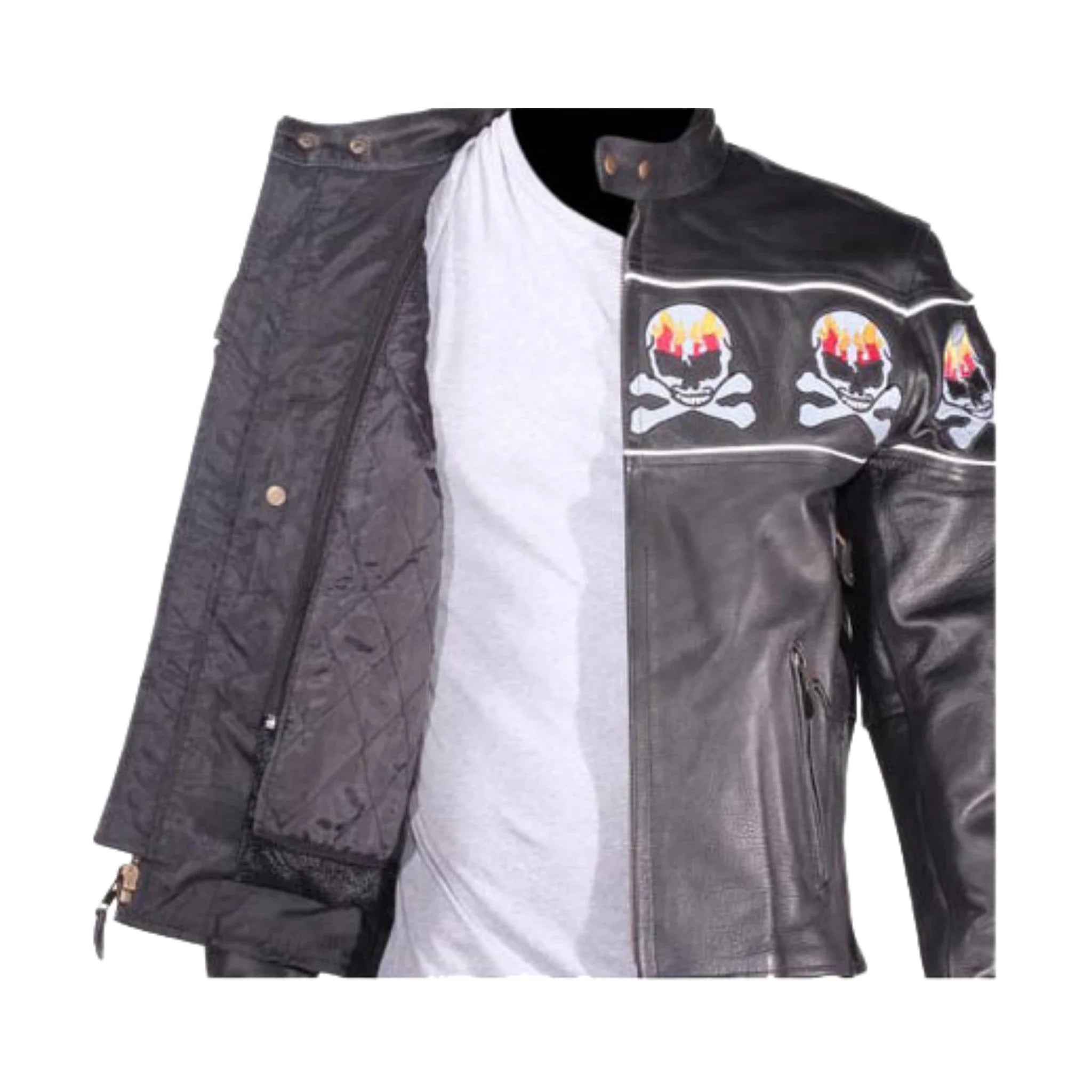 Mens Motorcycle Leather Jacket With Skulls Reflective Stripes Zipout Lining