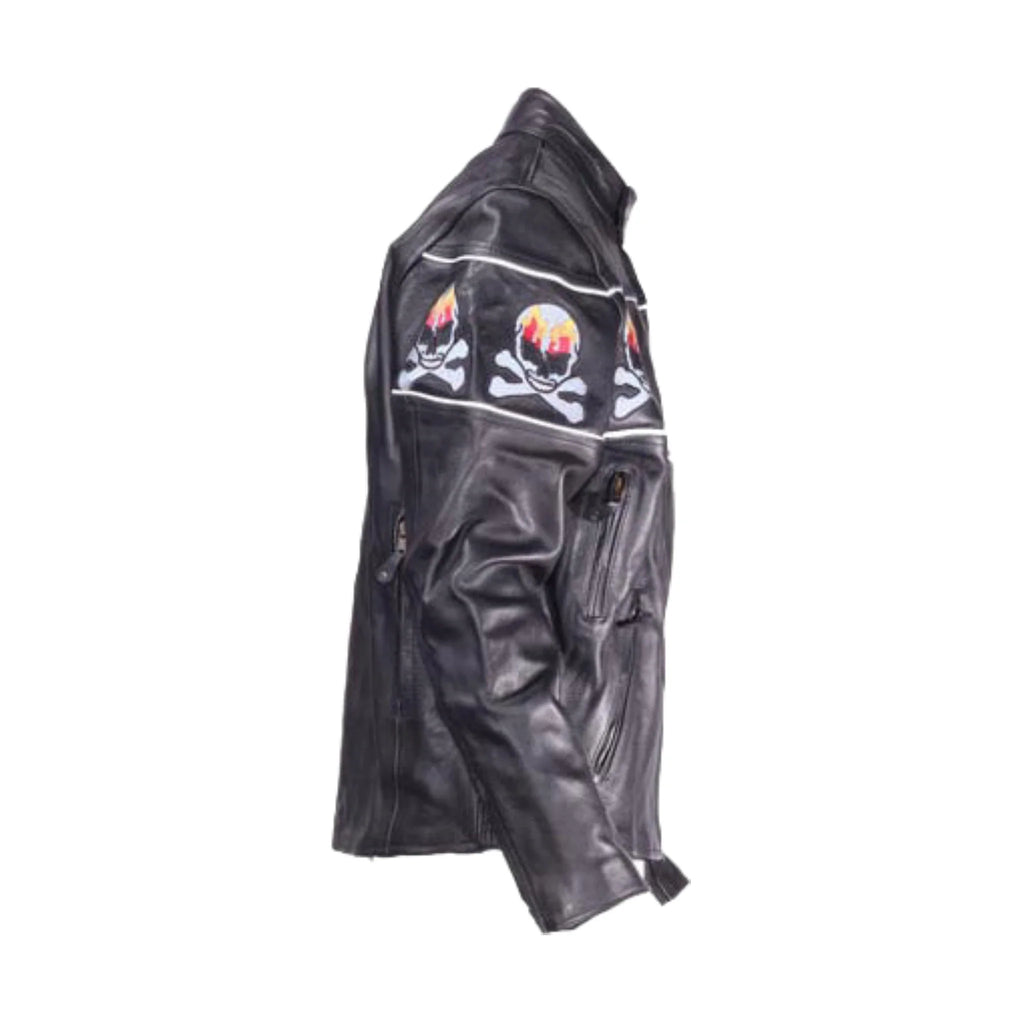 Mens Motorcycle Leather Jacket With Skulls Reflective Stripes Zipout Lining