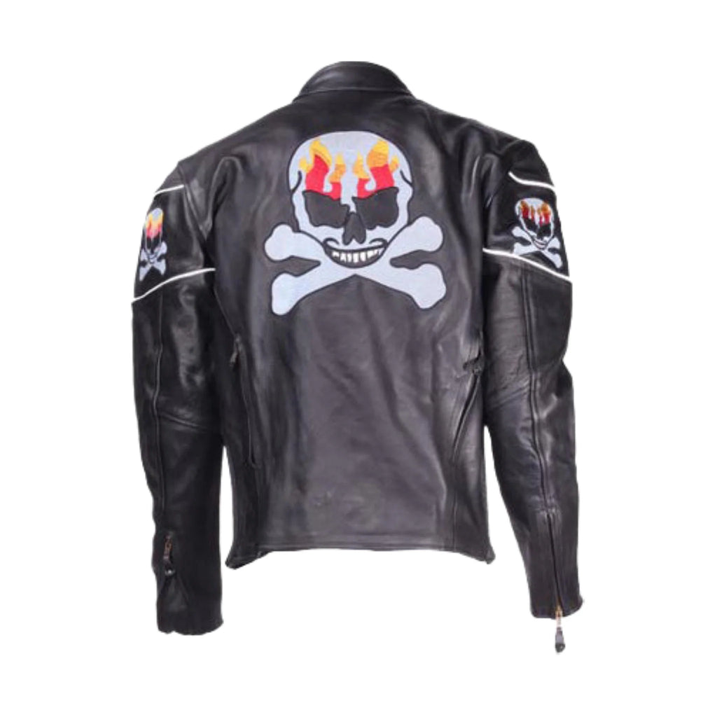 Mens Motorcycle Leather Jacket With Skulls Reflective Stripes Zipout Lining